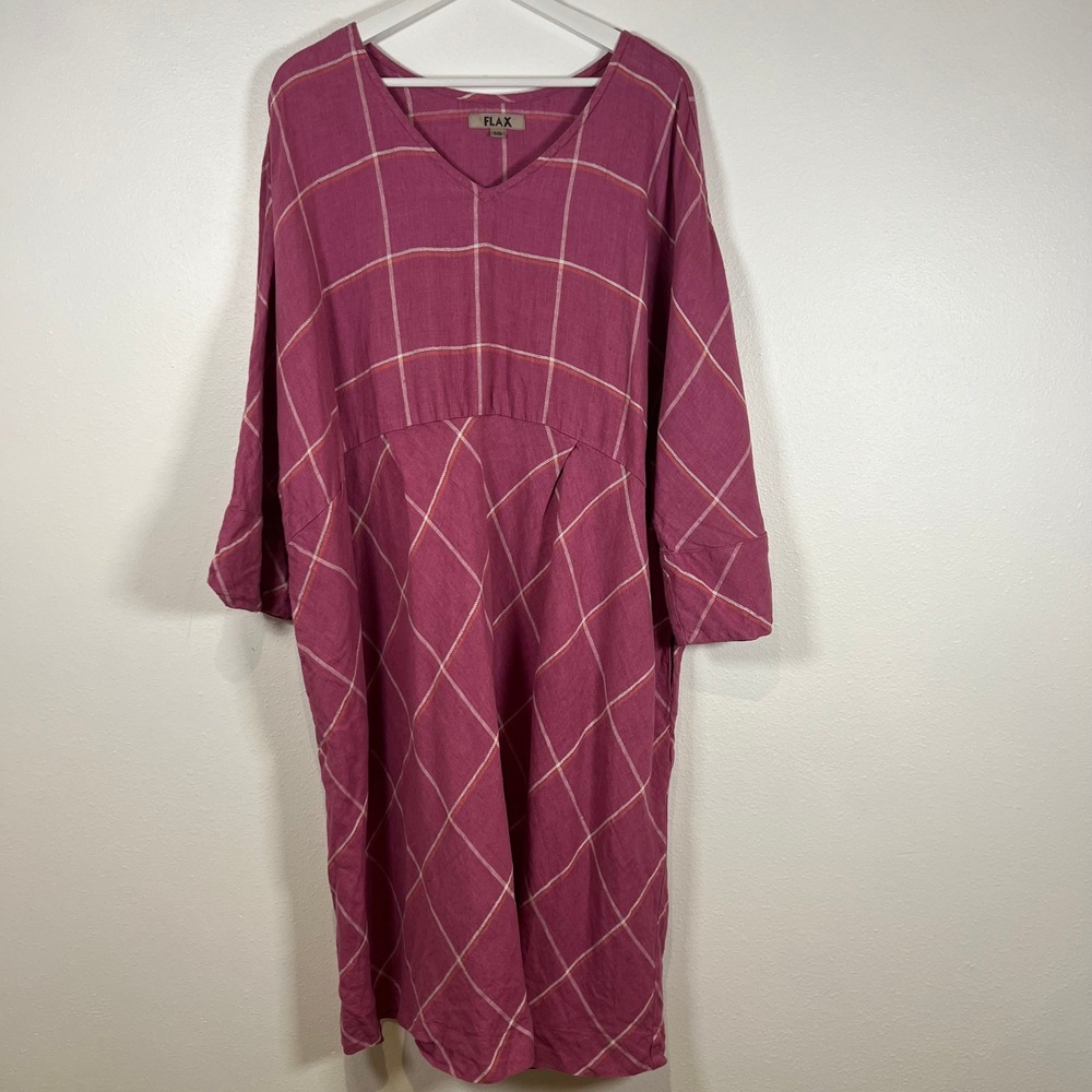 FLAX Women's Linen Midi Dress Size 3G 3XL Pink Plaid V-Neck 3/4 Sleeve Lagenlook